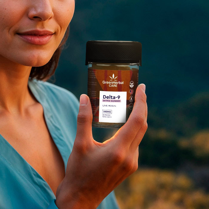 woman holding ghc delta-9 thc live rosin gummies 200mg